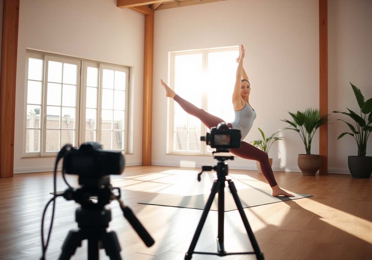 A yoga instructor editing a video on a laptop in a warm, sunlit studio space