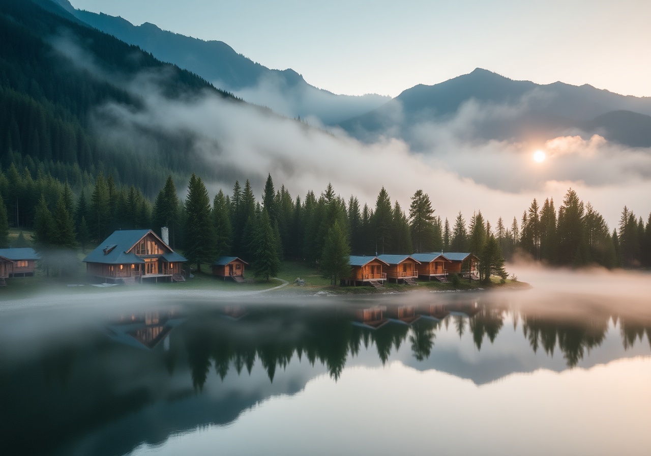 A misty morning landscape at a luxury wellness retreat
