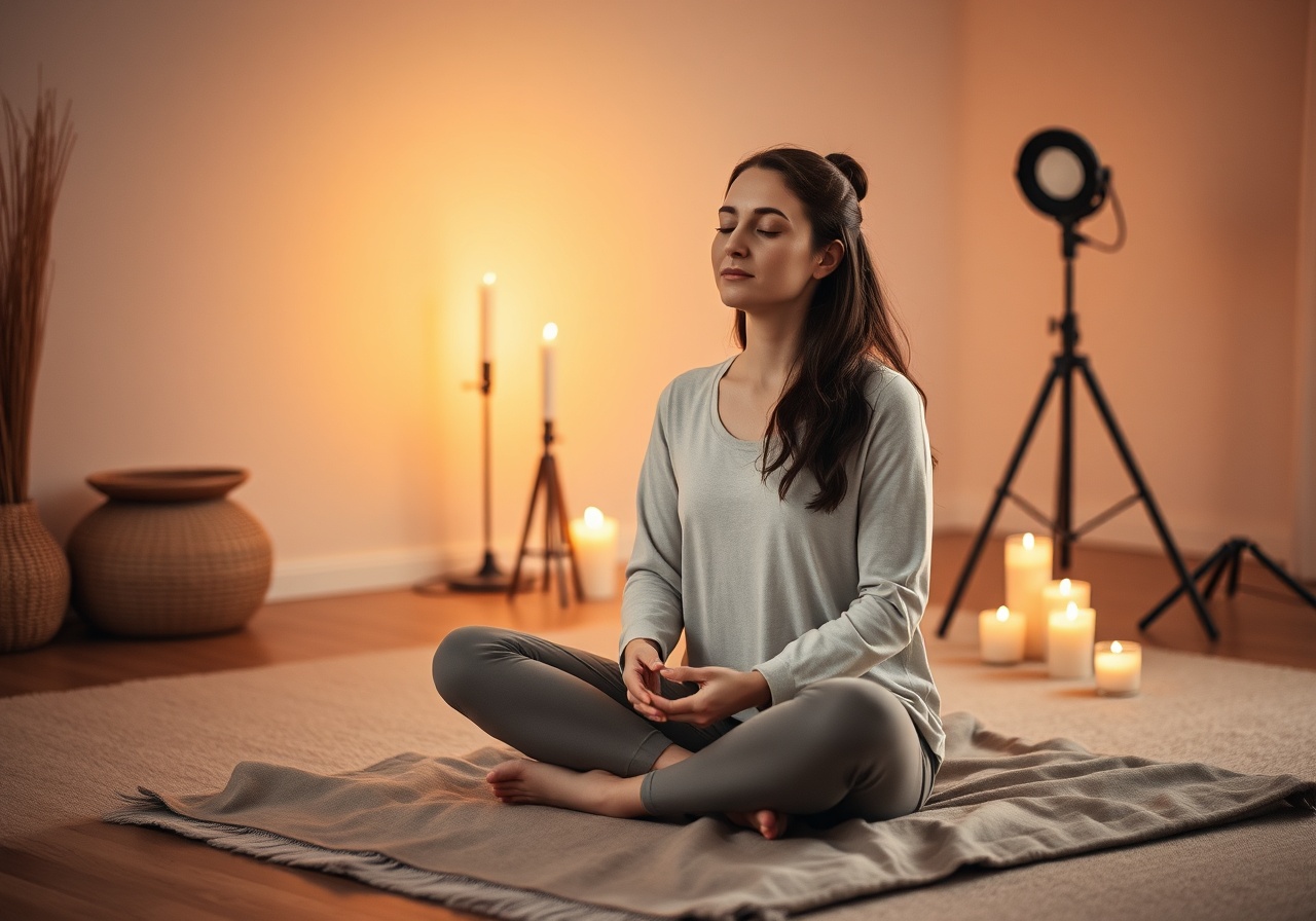 A soft candlelit meditation space with hands resting on knees