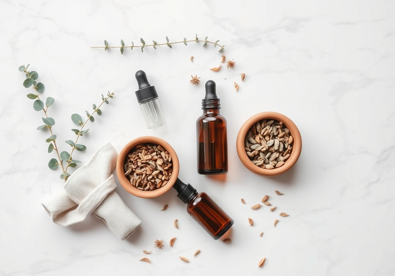 A clean, minimal flat-lay of holistic health products including jars of botanical skincare, dried herbs, and essential oils arranged on a textured surface with warm, natural lighting