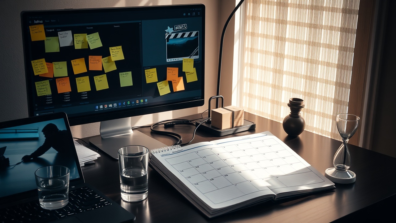 Organized editing workspace with warm light, coffee, and plants