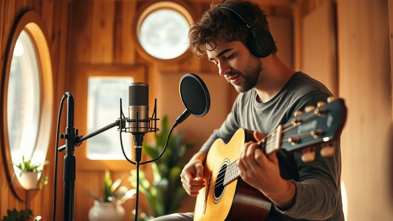 A musician recording an ambient acoustic track in a sunlit wooden studio with soft morning light