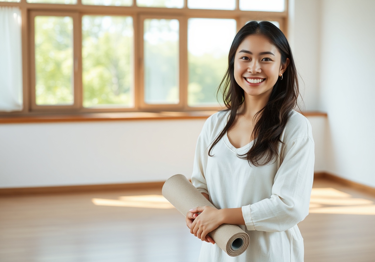 Luna Chen practicing yoga in a bright, minimal studio with natural light streaming through large windows.