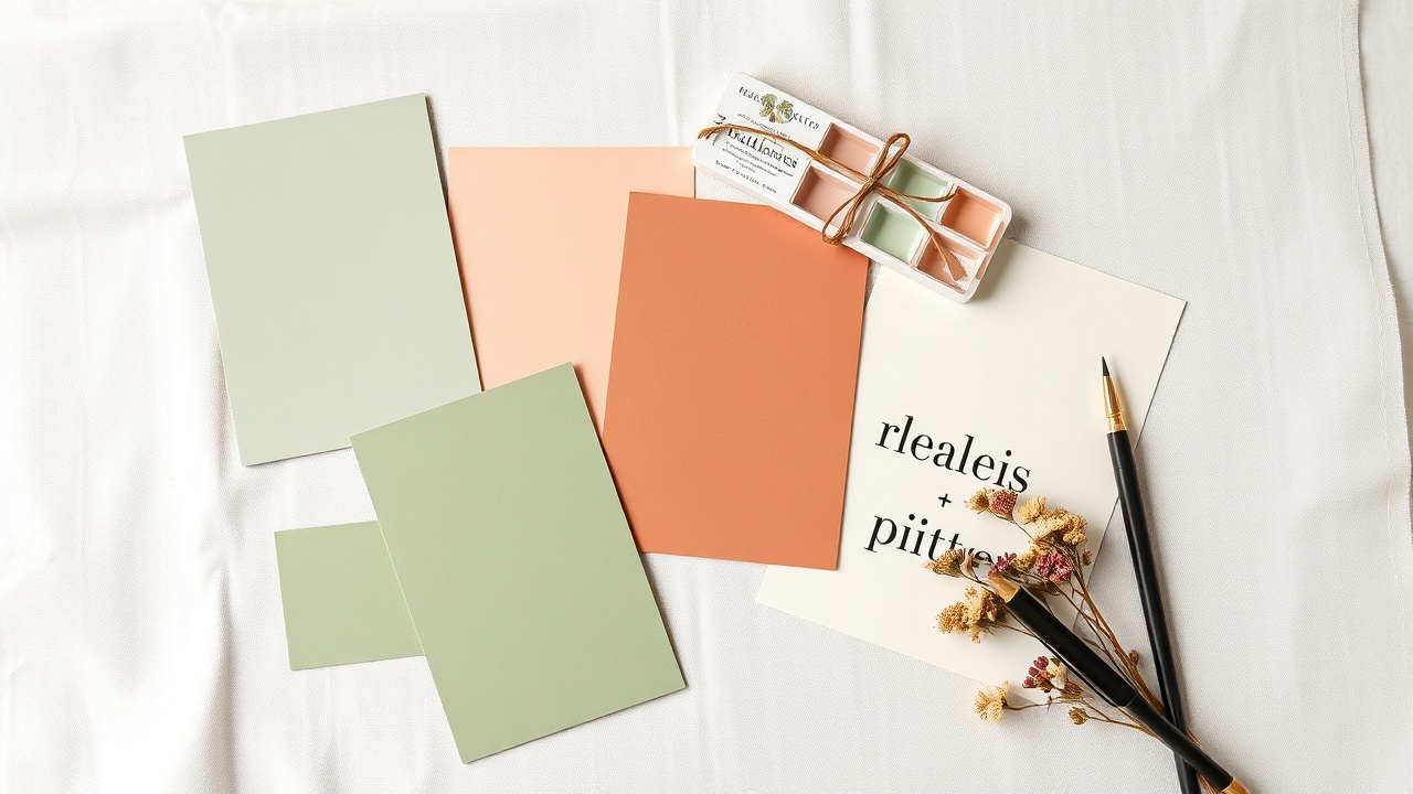 A flat-lay mood board featuring dried botanicals, color swatches, and printed typography samples