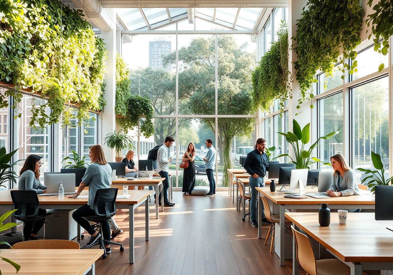 Bright airy ClipKit office space with plants, wooden desks, and morning light streaming in